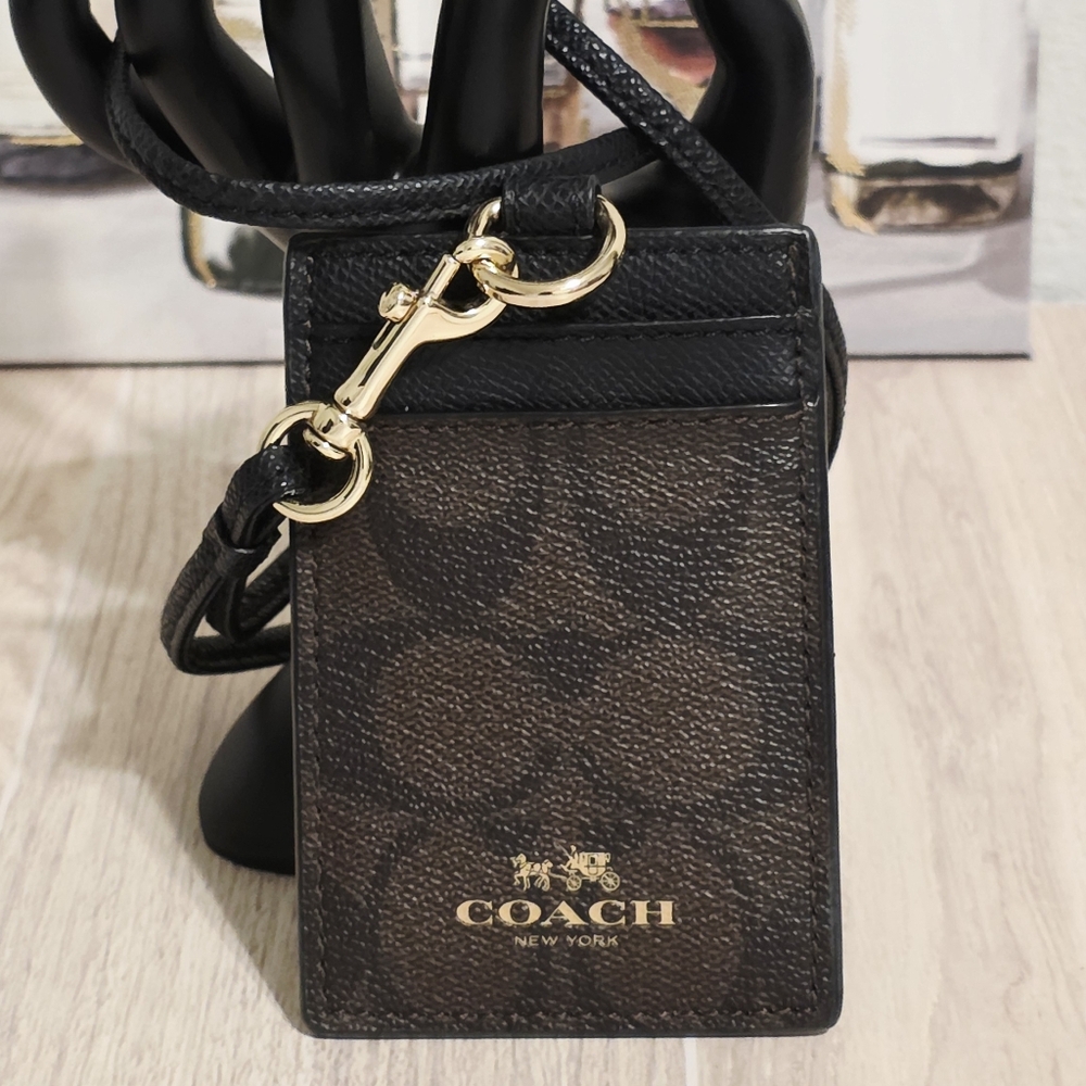 Coach Signature C Black Brown Lanyard ID Card Holder Authentic Neck Mini Wallet